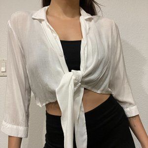 Cropped long sleeve button up shirt tie front in white
